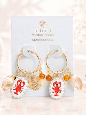 Atterri Gold Hoop Dangle Earrings Red Lobster Genuine Shell Charms Rhinestone